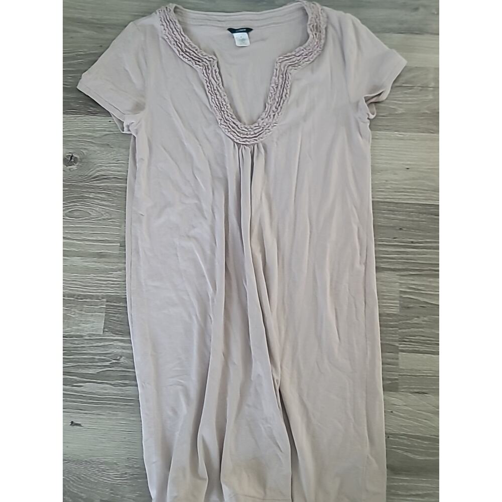 J Crew Women's Ruffle Neck Short Sleeve Dress SZ M Taupe Brown